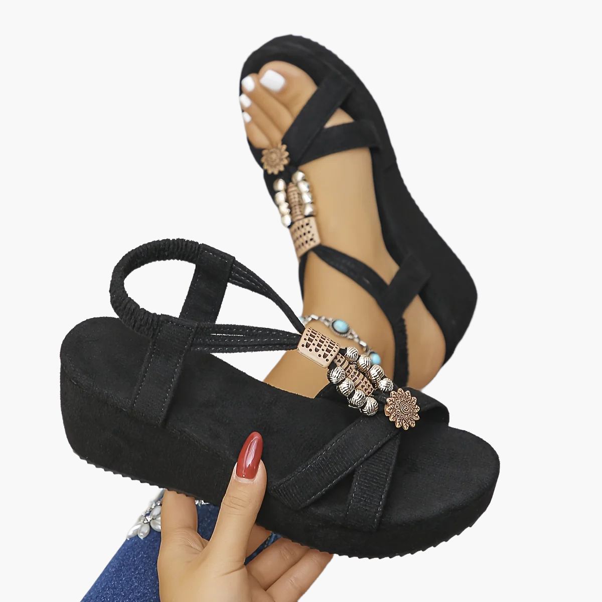 Women's Platform Sandals in Boho Style with Decorative Details – Vintage Summer Shoes for Everyday & Leisure