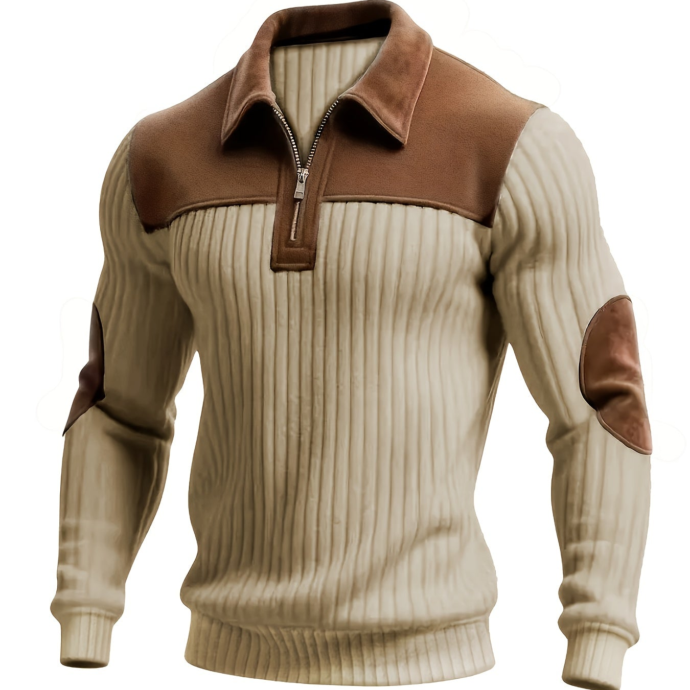 Herren Rippstrick Pullover mit Reißverschlusskragen und Kontrastdetails