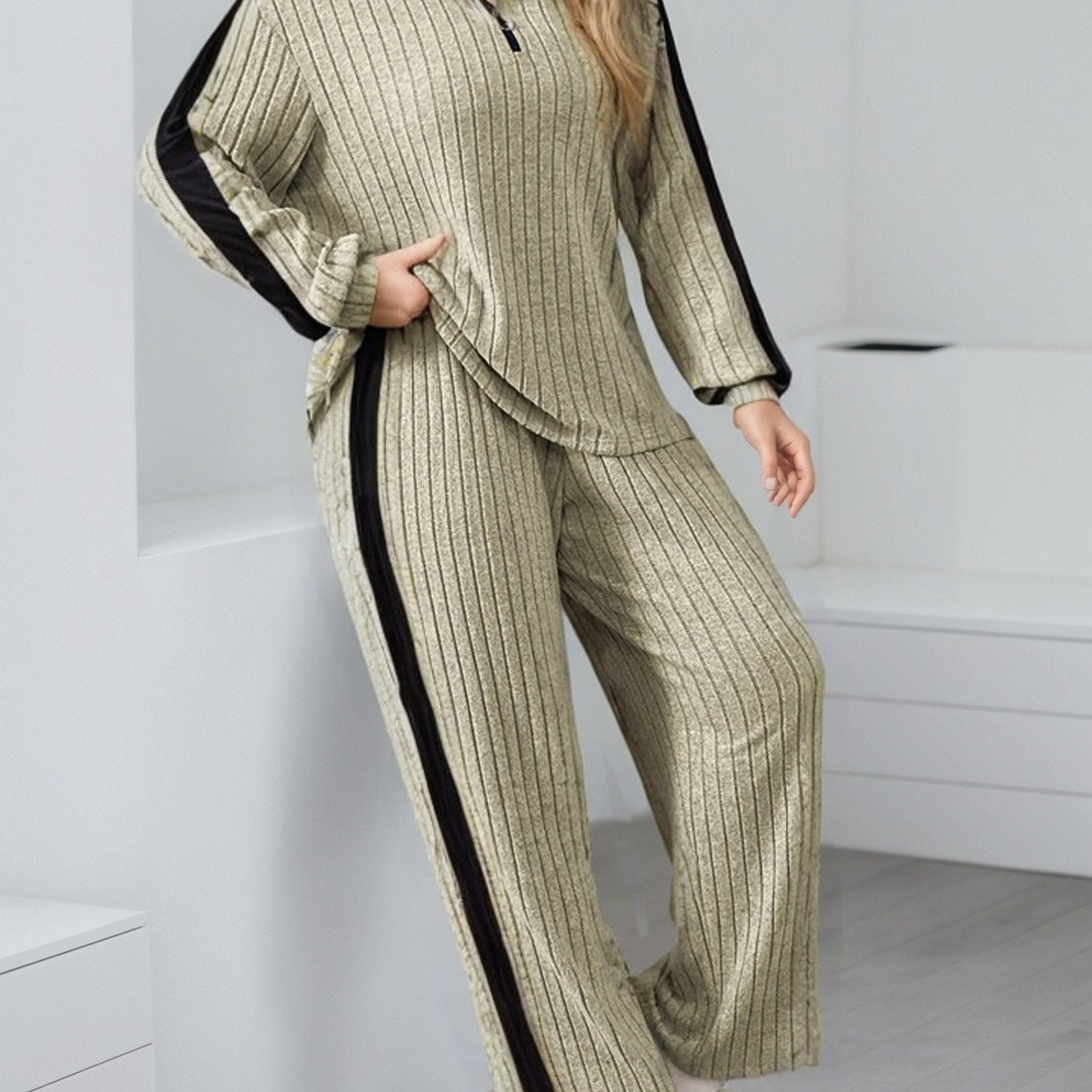 Ribbed women’s lounge set, two-piece sweater with zipper and wide-leg pants