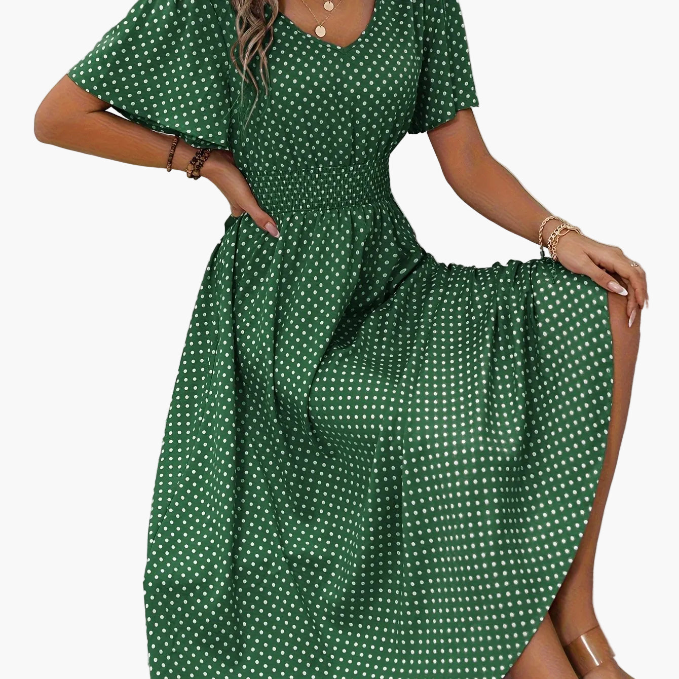 Women's Summer Polka Dot Maxi Dress with Short Sleeves and V-Neck – Casual & Vacation