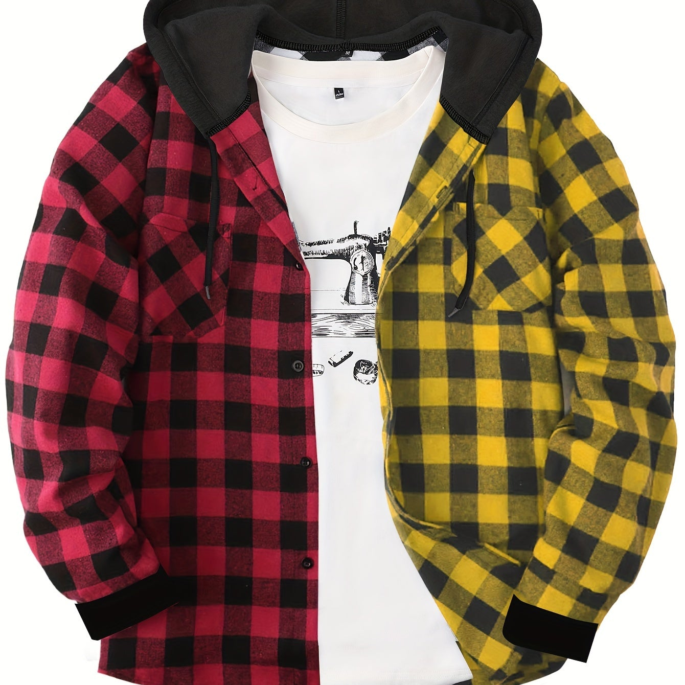 Men’s plaid hooded shirt with button placket