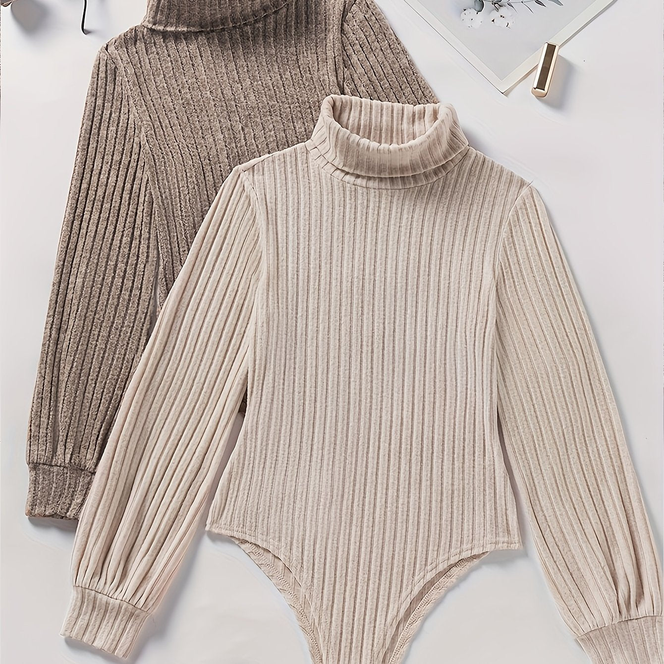 Damen Rollkragen Bodysuit Gerippt Langarm Strick Optik