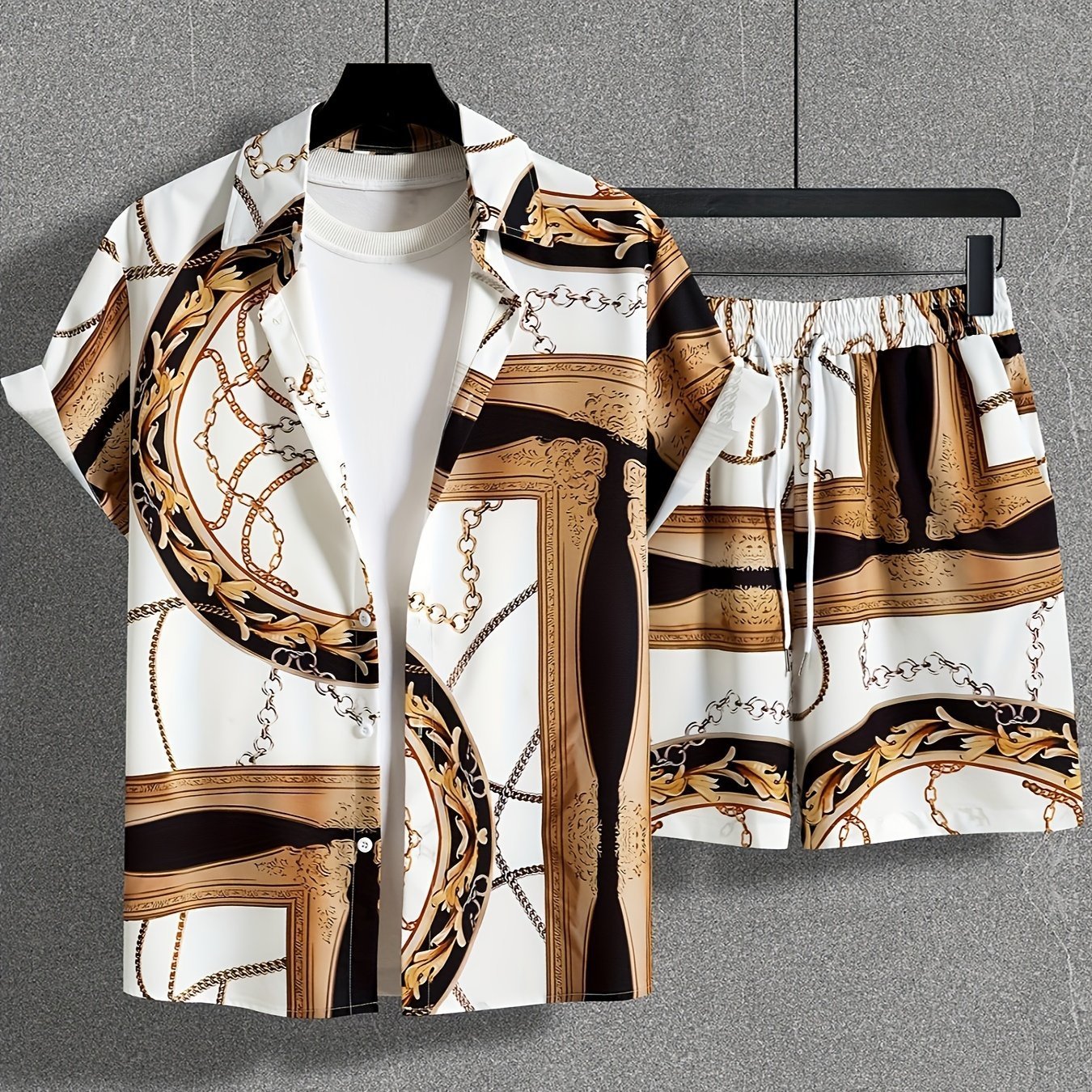Men's Summer Casual Two-Piece with Abstract Print – Fashionable Short-Sleeve Shirt & Shorts Set for Vacation and Everyday Wear
