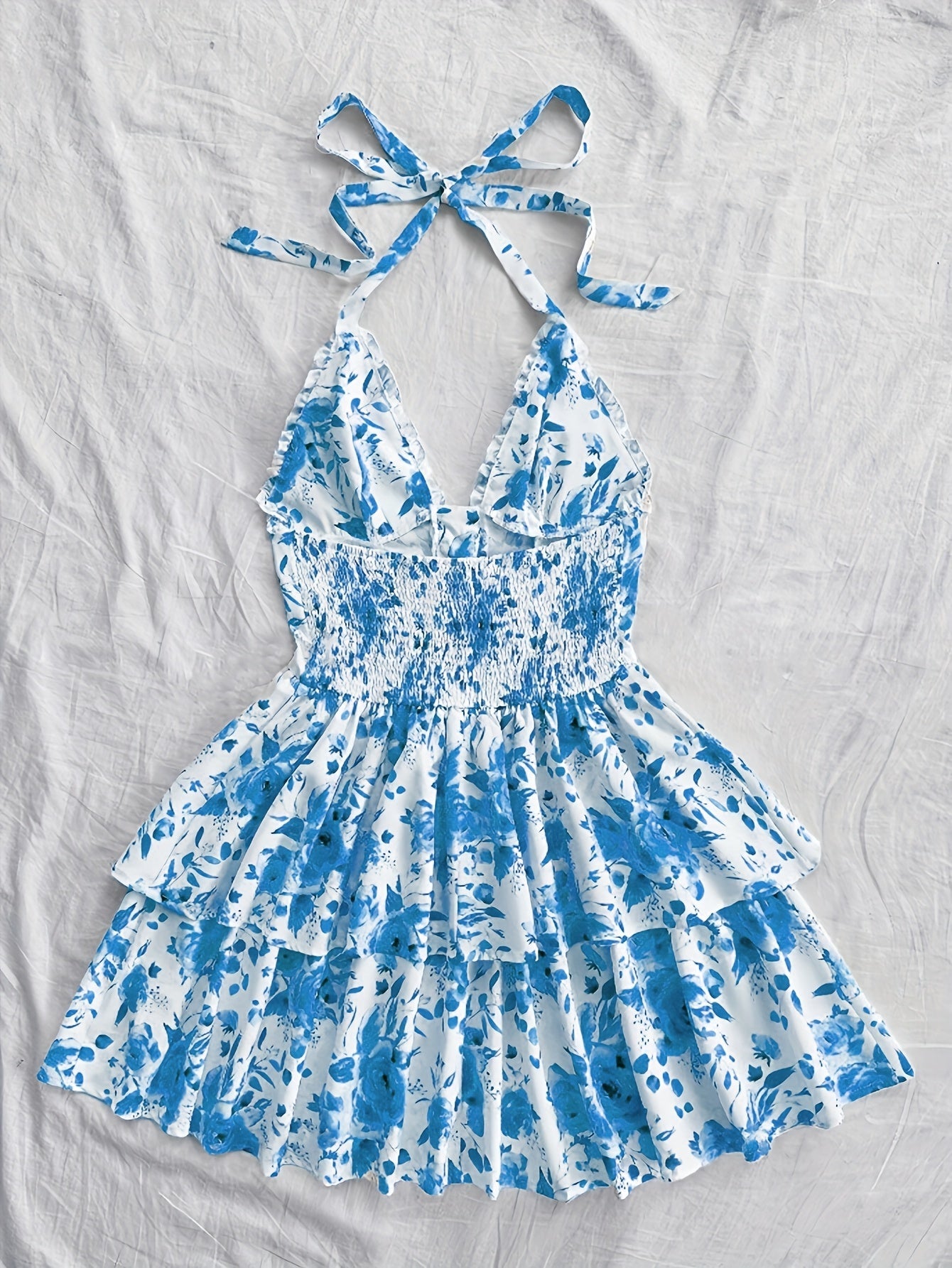 Women's Summer Mini Dress with Rose Pattern, Halterneck, Ruffles, and Lacing – Romantic Casual Dress for Garden Parties & Vacation