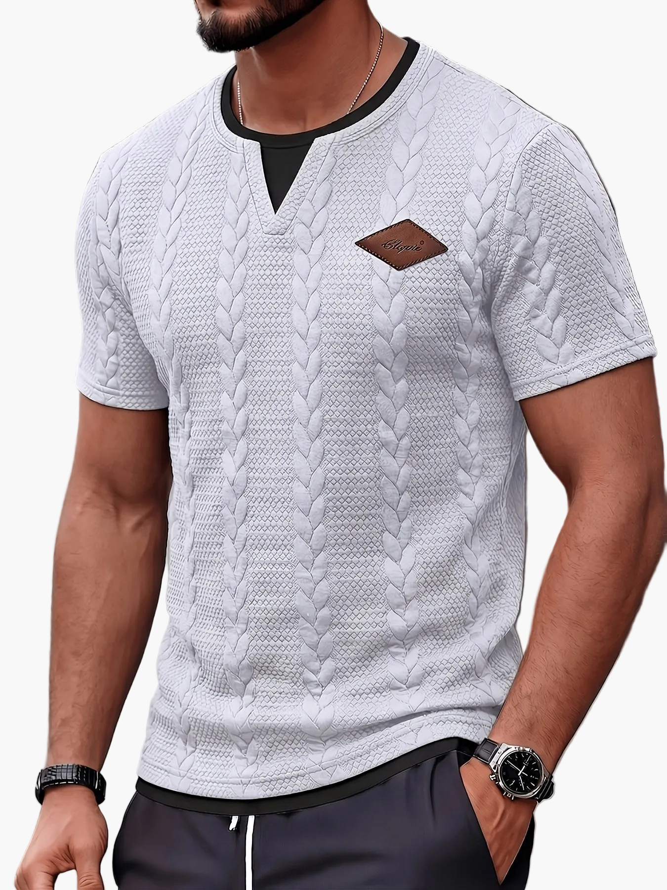 Men's Short-Sleeve Knit T-Shirt with Cable Pattern – Fashionable Casual Shirt for Summer & Everyday Wear