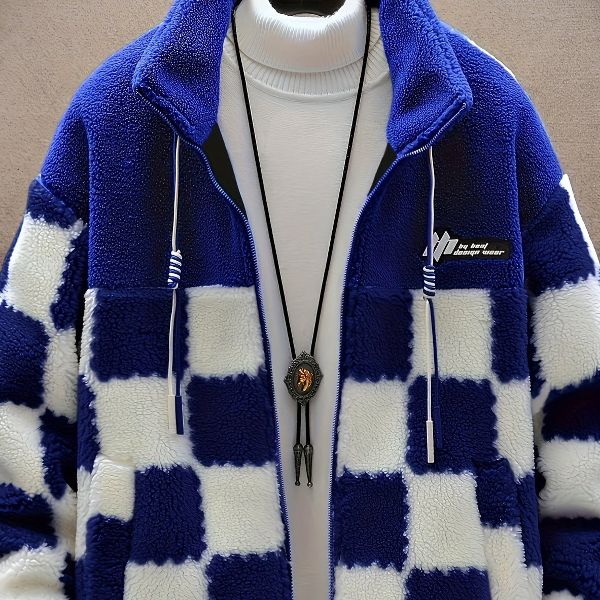 Unisex Fleecejacke mit Schachbrettmuster Reißverschluss Stehkragen