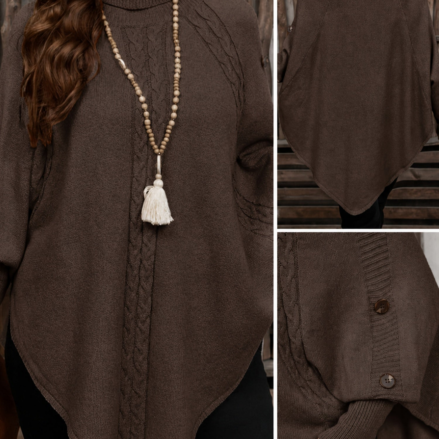 Women's knitted poncho with turtleneck, cable-knit pattern, and button details
