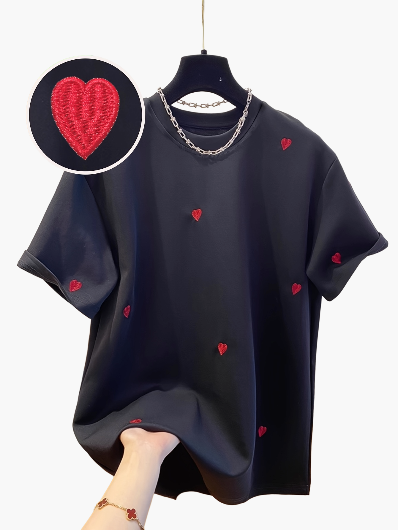 Women's T-Shirt with Embroidery and Heart Pattern – Casual Style, Spring/Summer