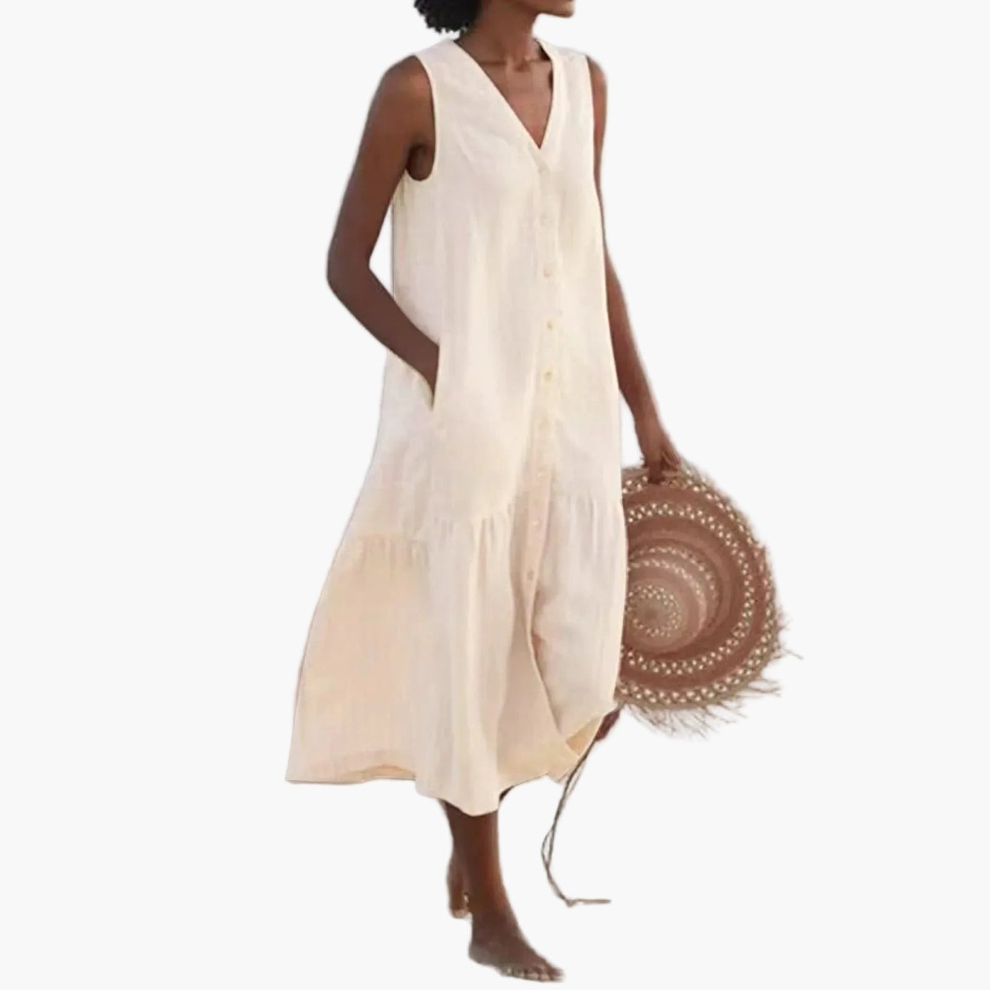 Women's summer beach dress sleeveless with V-neck and button placket – Casual leisurewear