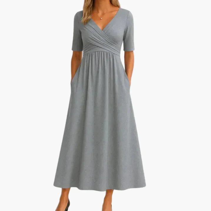 Damen Festliches Midikleid mit Crossover-Ausschnitt und Halben Ärmeln – Elegantes Kleid für Hochzeit & Alltag