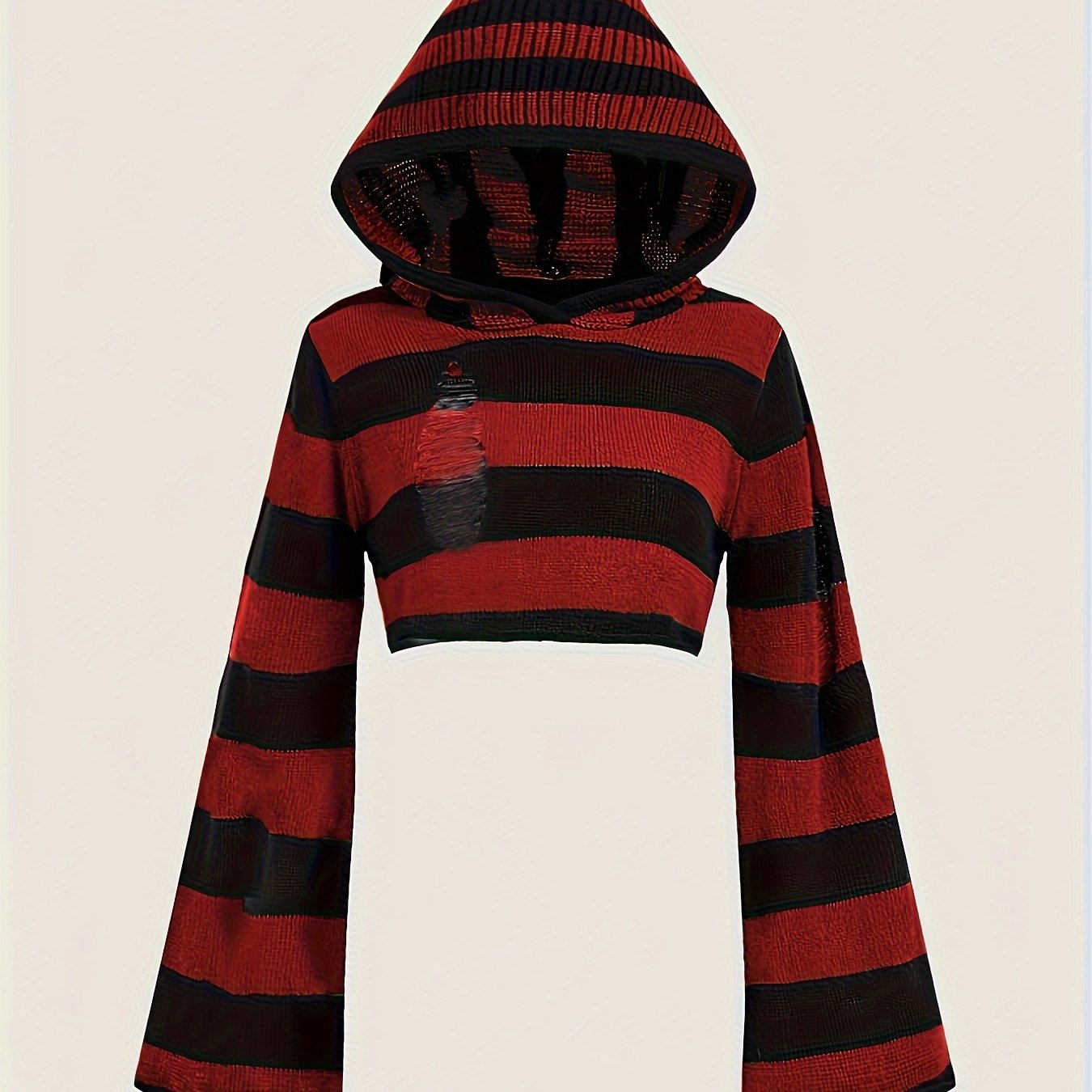 Gestreiftes Crop Top Hoodie mit Kapuze und weiten Ärmeln