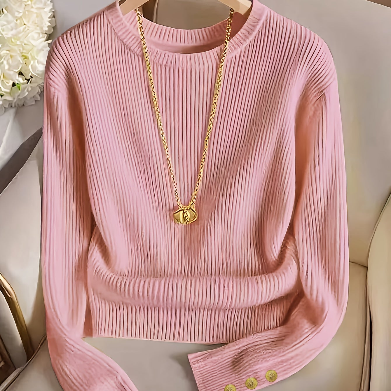 Women's rib-knit long-sleeve crew-neck sweater with buttons
