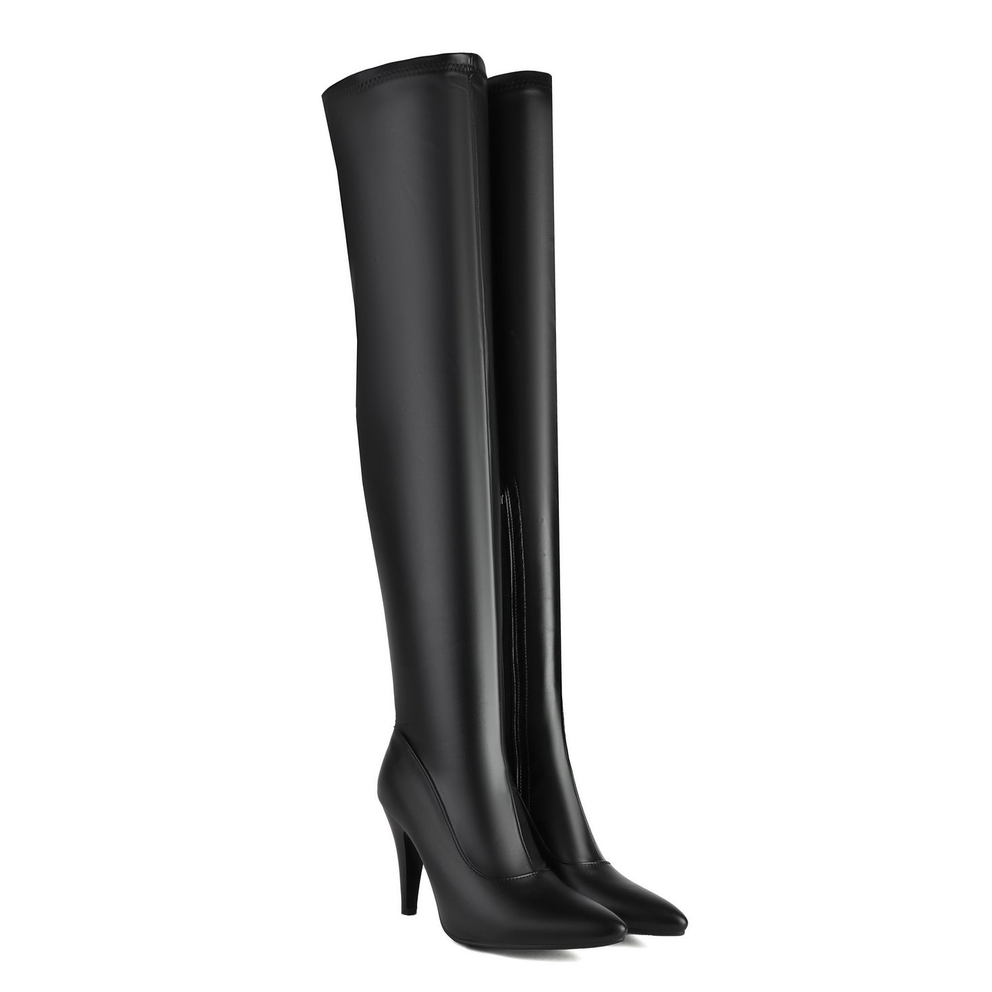 Black over-the-knee boots for women with high heels and pointed toes
