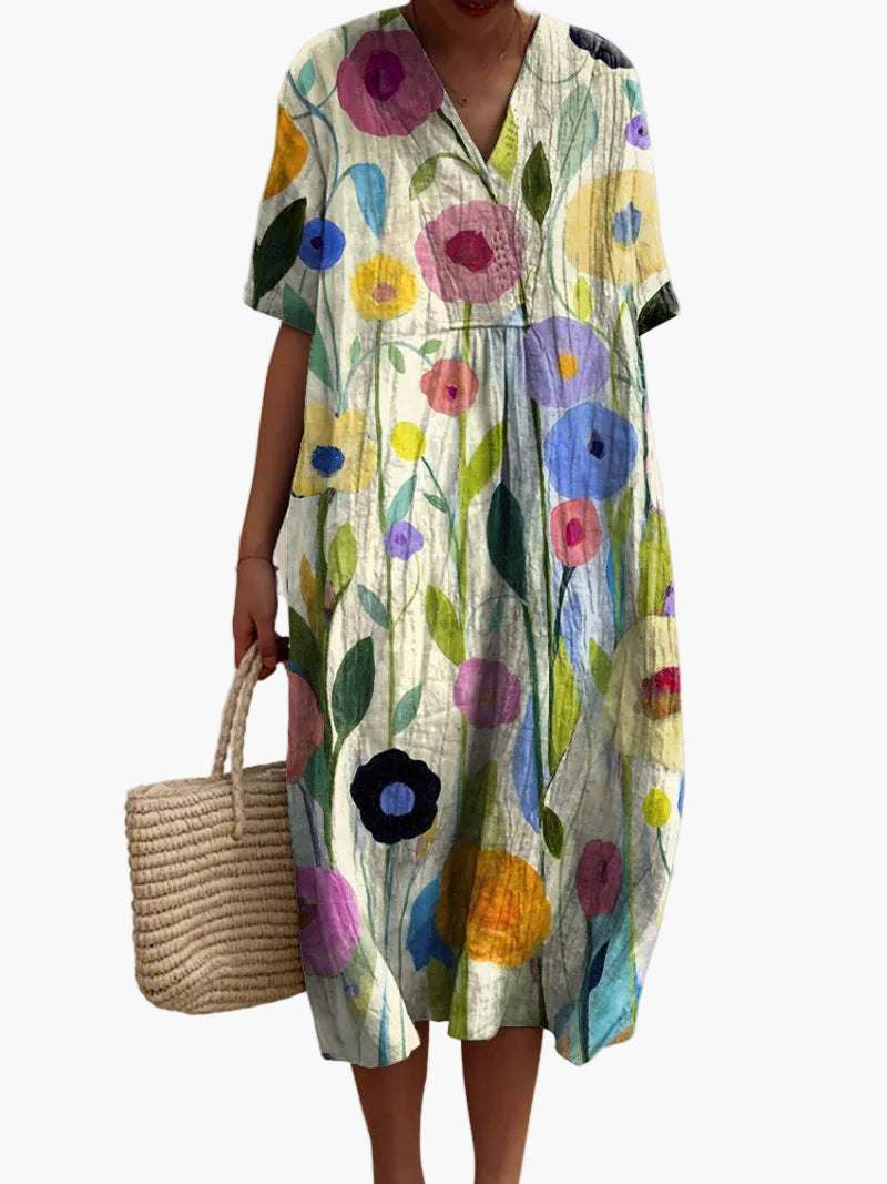 Women's summer dress bohemian style with floral pattern, casual dress, V-neck, short sleeves