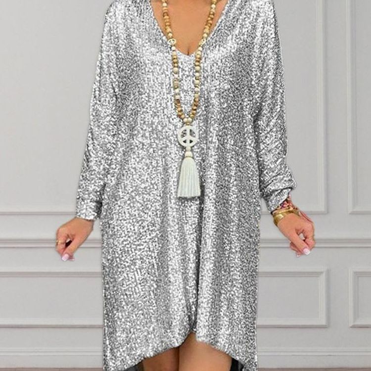 Lauren – Casual, solid color, loose sweater dress with sequins and V-neckline