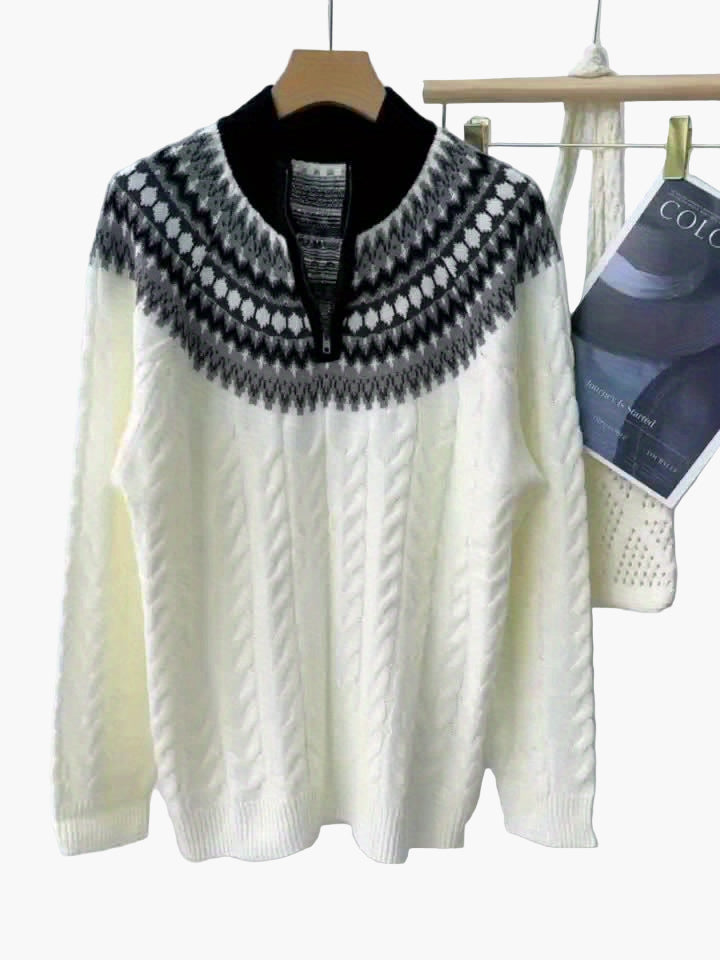 Herren Pullover im Norwegerstil mit Zopfmuster und Stehkragen – Lässiger Winter Strickpullover mit Viertelreißverschluss