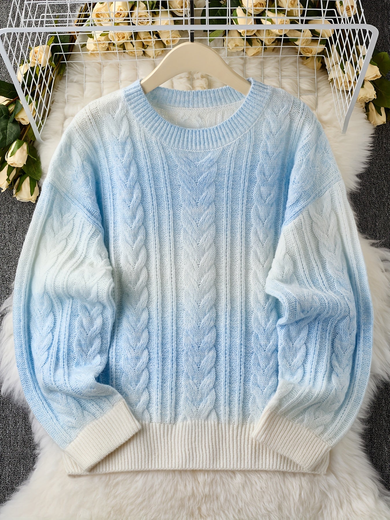 Damen Grobstrick Pullover Hellblau Weiß Zopfmuster Rundhals Weich