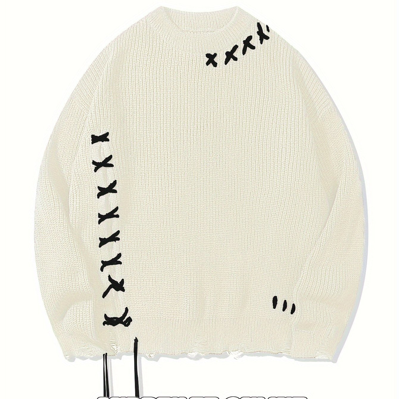 Unisex Strickpullover Schwarz mit Kreuzstich-Details und Destroyed-Effekt