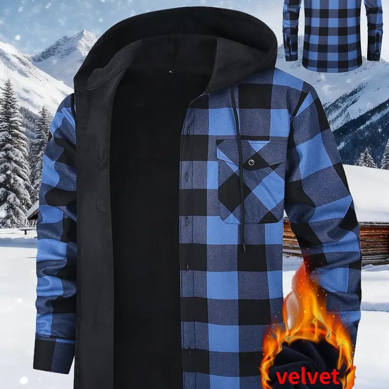 Men's checked flannel shirt with hood, lined, warm casual jacket, long sleeve