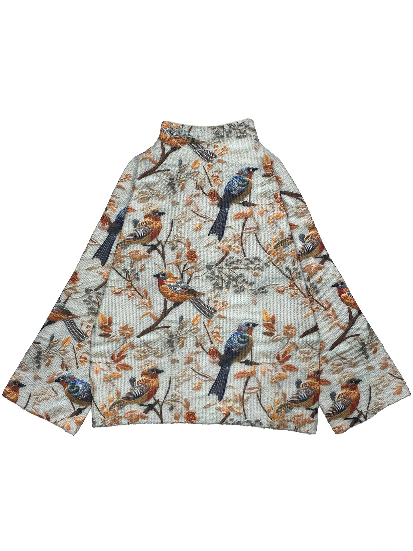 Women's sweater with bird motif and high collar – Elegant knitted sweater for autumn and winter