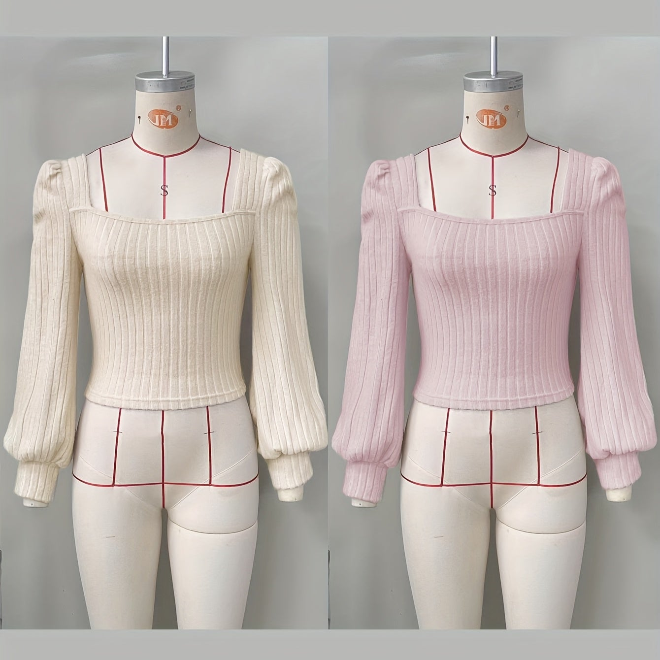 Geripptes Damen Crop-Top mit Puffärmeln und eckigem Ausschnitt