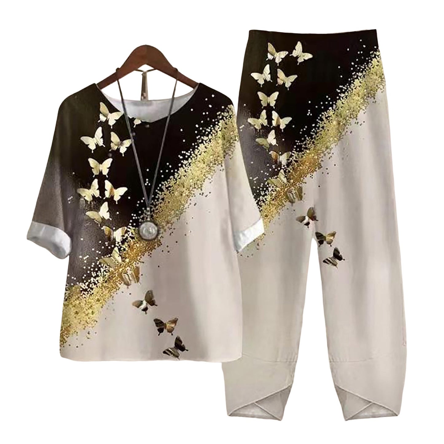 Women's casual set in Japanese style with dragonfly print – two-piece, comfortable for everyday & travel