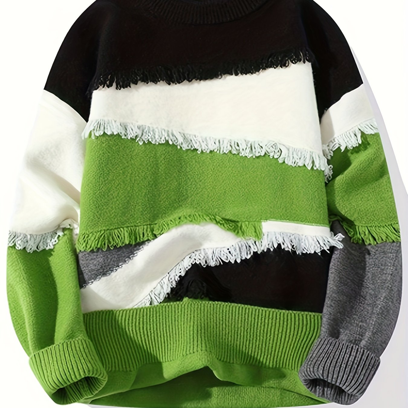 Unisex long-sleeve pullover with color-block design, fringe, and crew neck