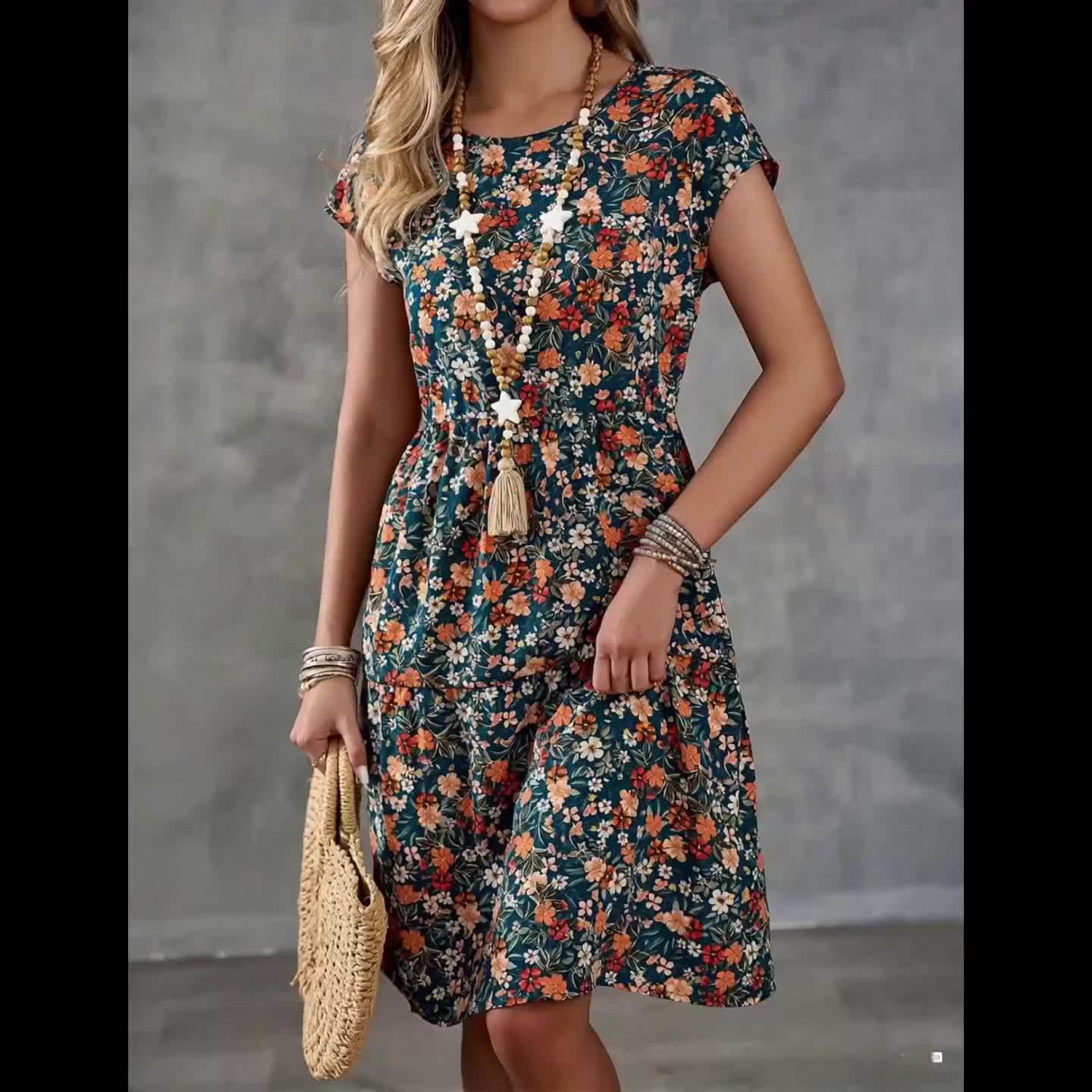 Women's summer dress with floral pattern – casual & vacation, A-line dress, knee-length, short sleeve