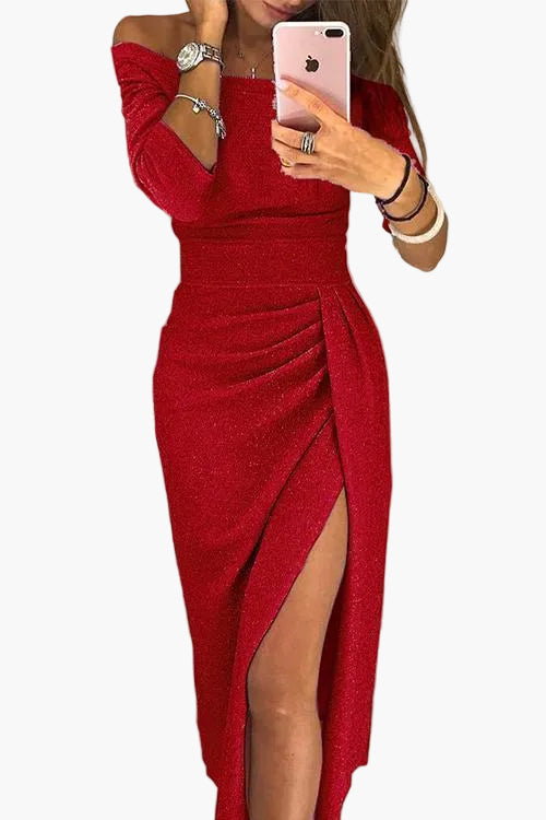Women's Off-Shoulder Evening Dress with Slit – Elegant Party Dress for Festive Occasions