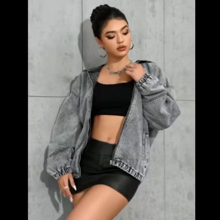 Women's denim jacket with hood and zipper, washed look, gray
