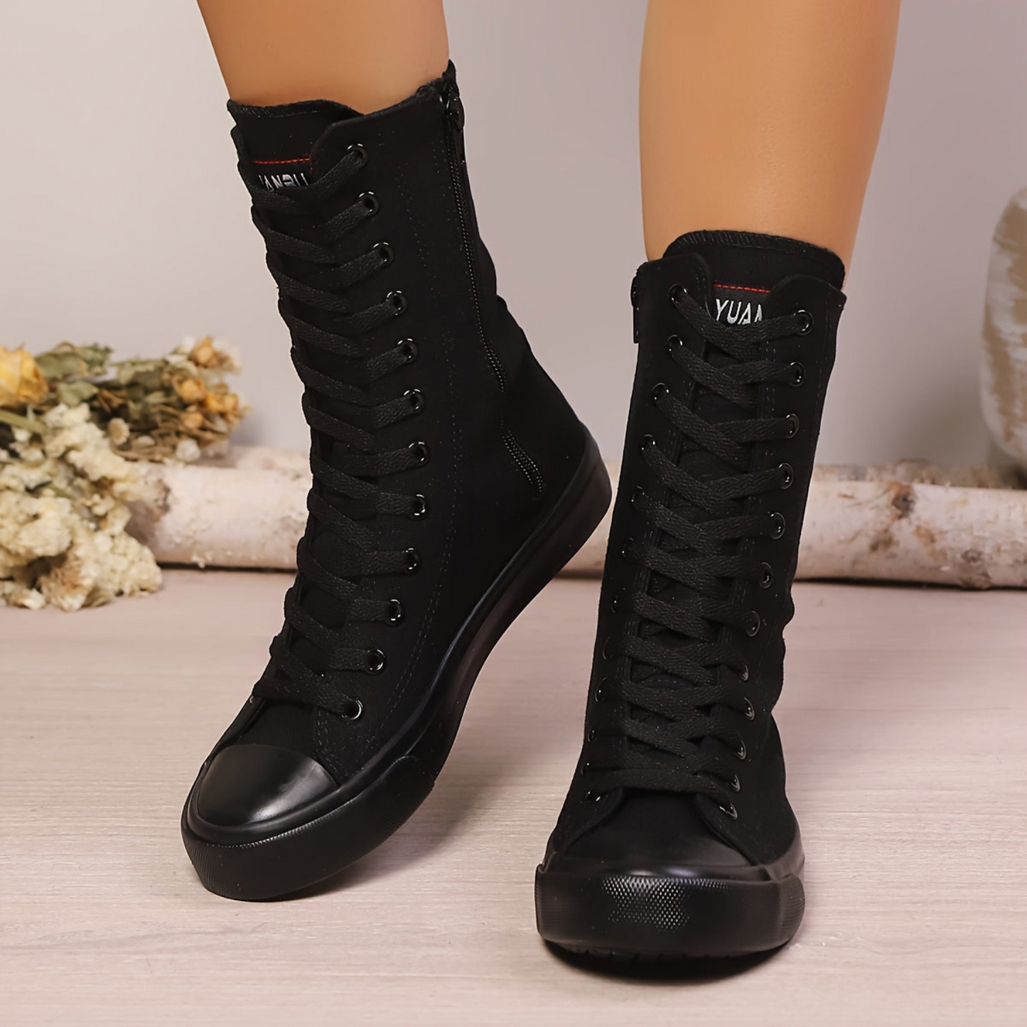 High-top canvas sneaker boots with laces and a zipper for women