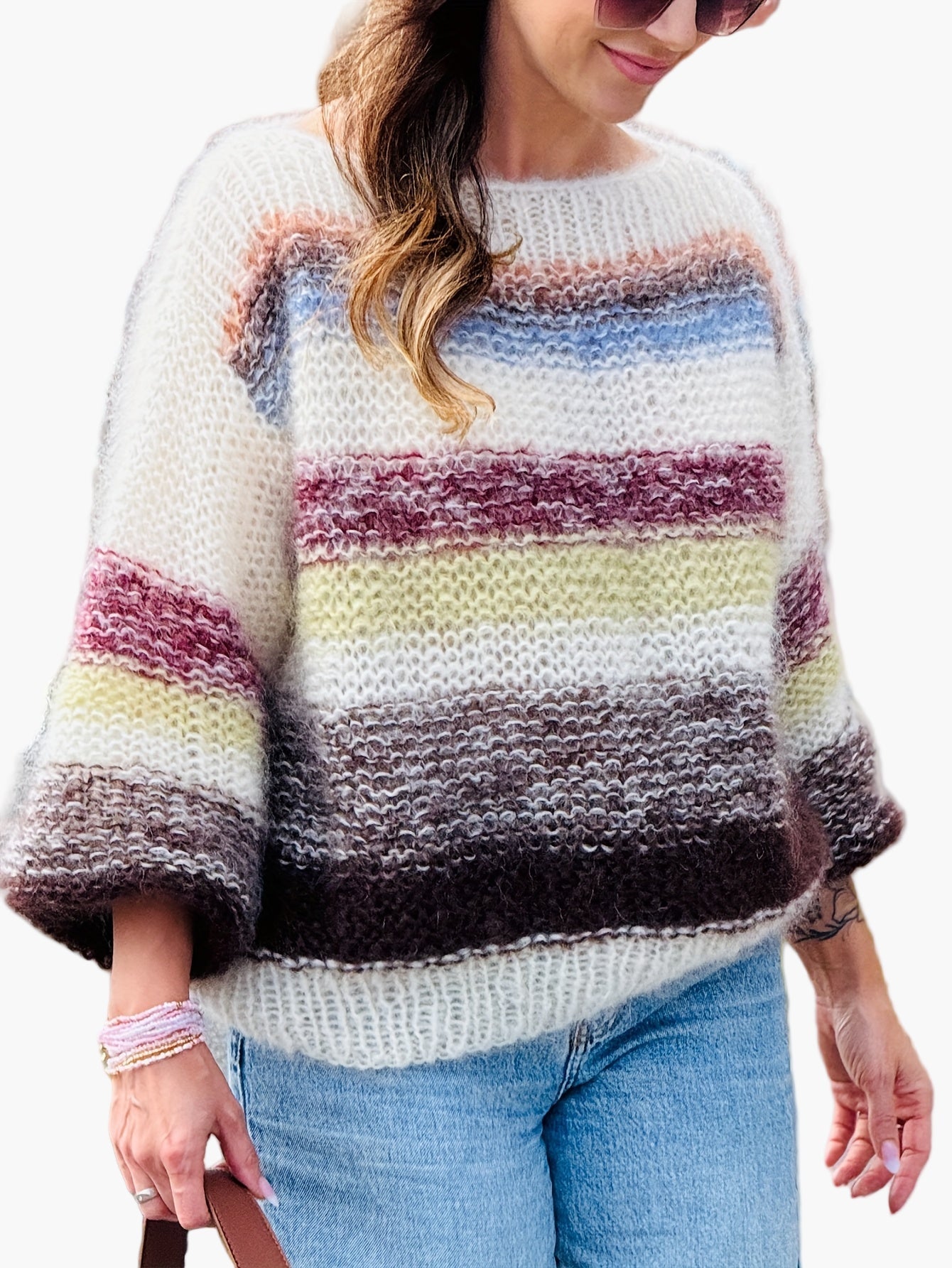 Damen Strickpullover mit Streifenmuster – Eleganter Herbst/Winter Pullover, Bequemer Alltagslook