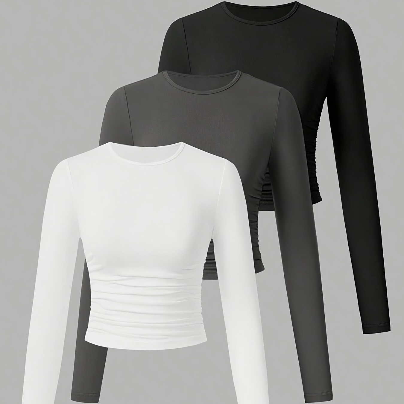 3er Pack Langarmshirt mit Rundhals und Raffung