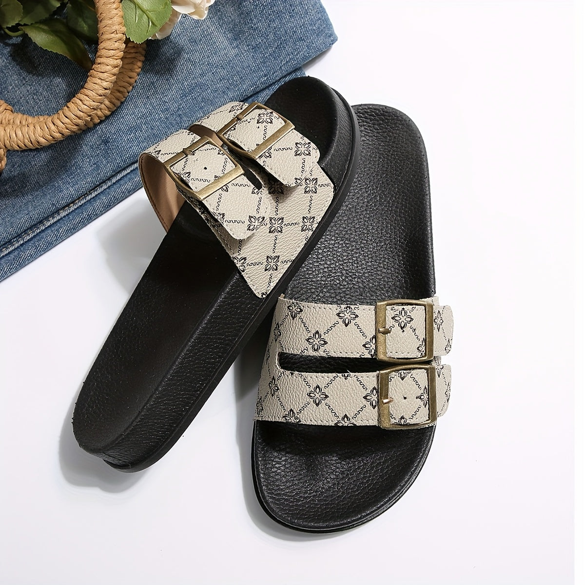 Women's Comfort Slides with Double Straps and Buckles – Fashionable Casual Sandals for Everyday and Vacation