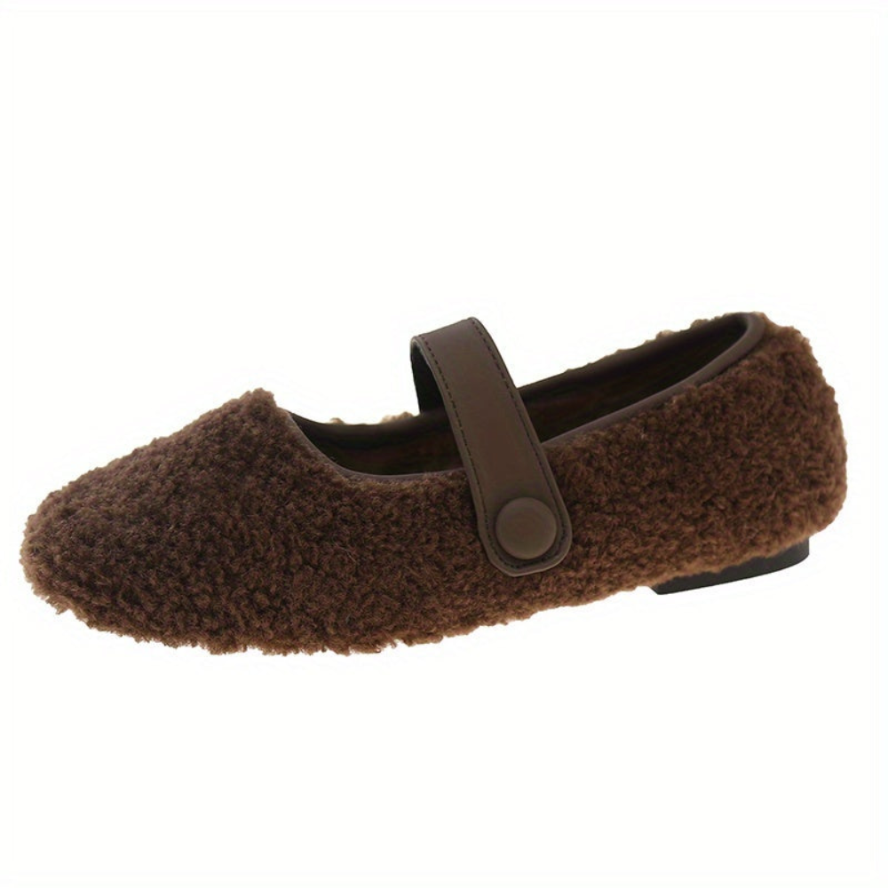 Women's Mary Jane plush-look ballet flats with strap – black, khaki, brown