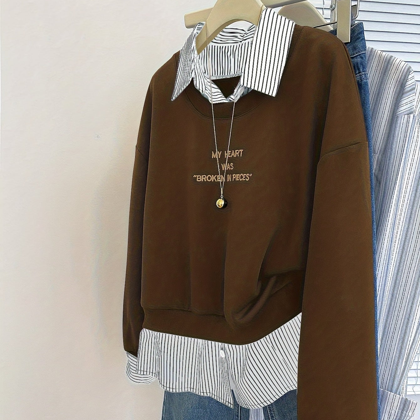Damen Layering-Sweatshirt mit Hemdeinsatz, Baumwollmischung, Langarm
