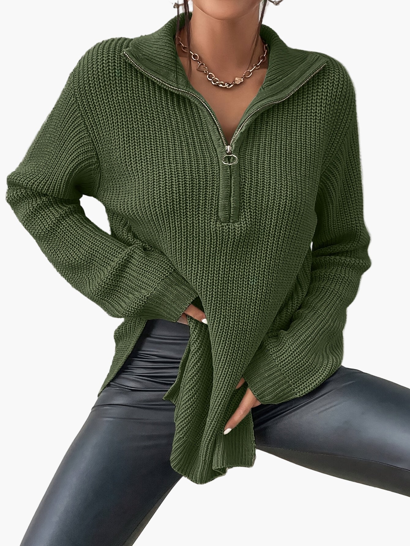 Women's knitted sweater with zipper and high collar – fashionable oversized sweater for autumn and winter