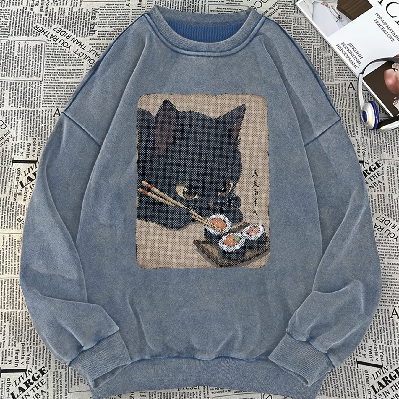 Unisex sweatshirt with cat sushi design, crew neck, long sleeves