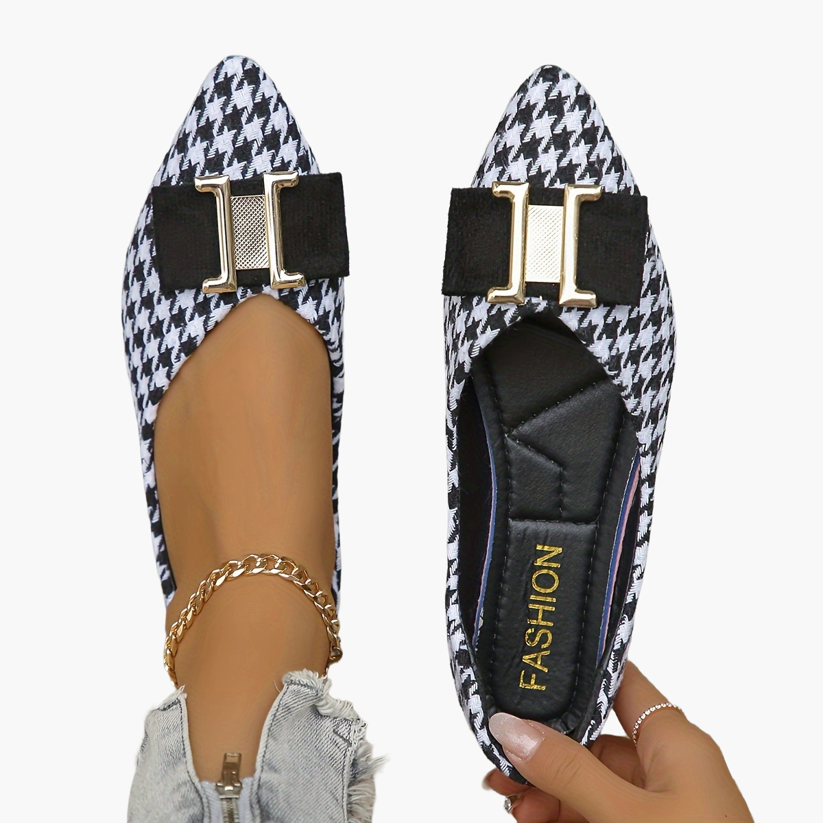 Women's Elegant Houndstooth Lace Shoes with Bow Detail – Stylish Everyday Ballet Flats for Spring & Office
