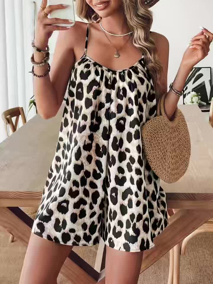Damen Sommer Jumpsuit mit Leopardenmuster – Lässiger Sexy Playsuit für Freizeit und Urlaub