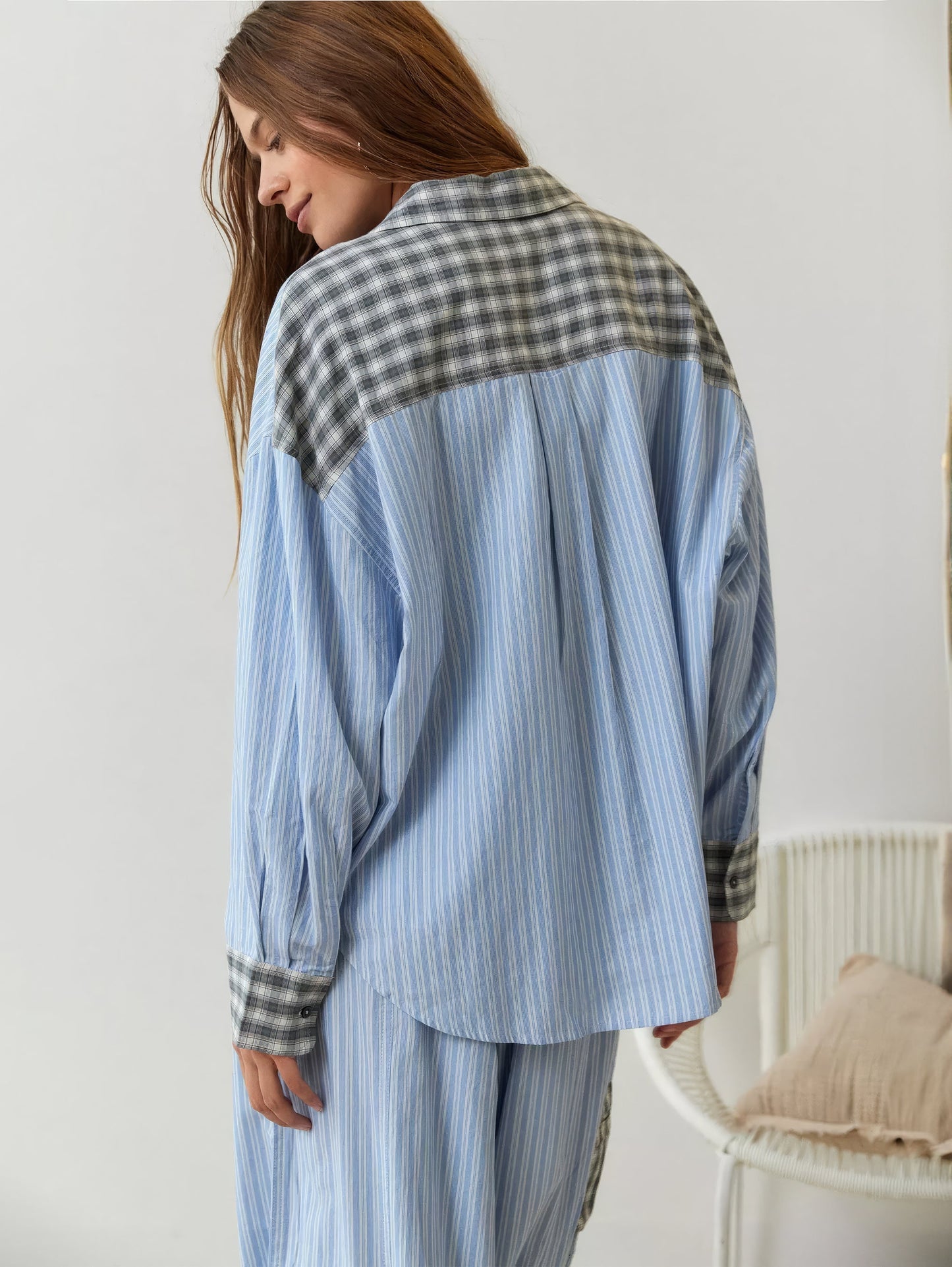 Women's Pajama Set in Loose Fit – Contemporary Striped Check Pattern, Home Clothing & Relaxation Wear