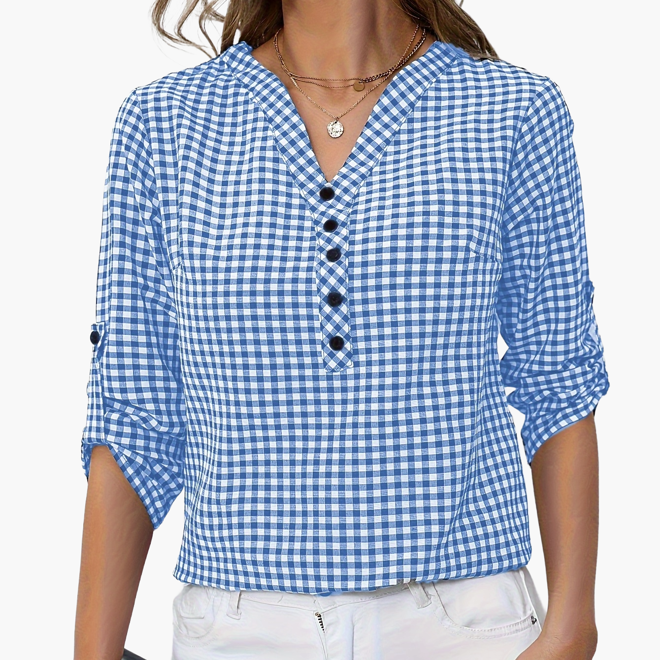 Women's blouse with check pattern and V-neck – casual shirt blouse for spring and summer