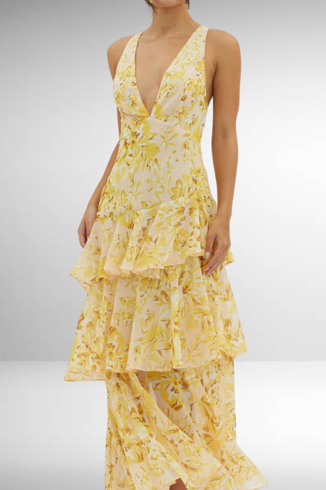 Women's long dress with ruffle tiers and deep V-neck – Elegant summer dress for special occasions