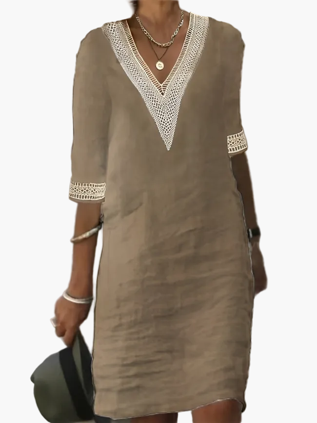 Damen Sommerkleid V-Ausschnitt mit Spitze – Lockeres Freizeitkleid für Alltag, Urlaub & Strand