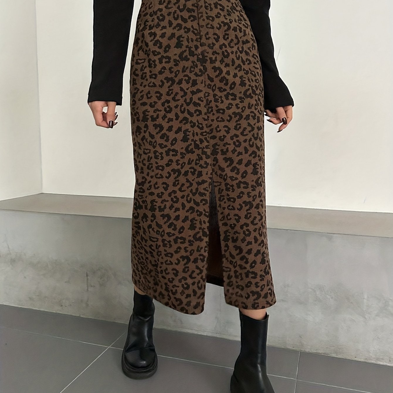 Damen Maxi Rock Leopard Print Rippstrick Schlitz