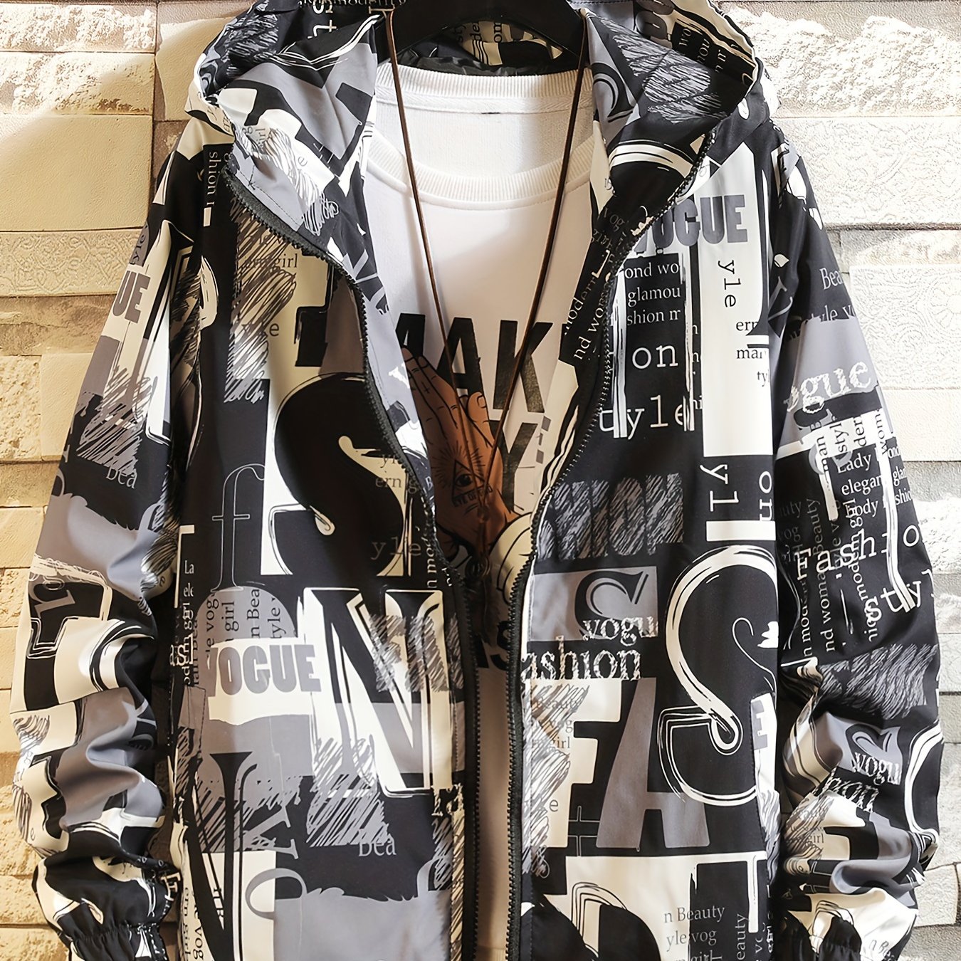 Unisex hooded jacket with all-over print, zip-up windbreaker, red, black, white
