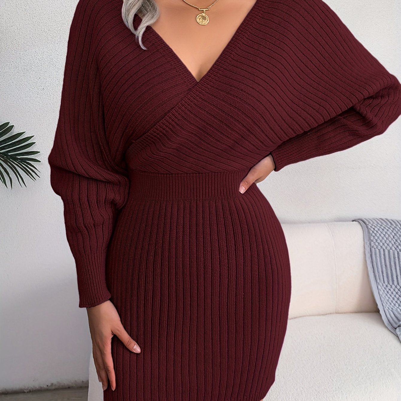 Women's rib-knit sweater dress, V-neck, long sleeves