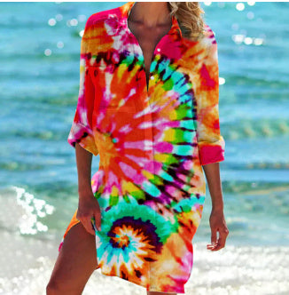 Women's Beach Tunic Dress – Summer Beach Cover-up, Airy, Tropical Pattern, Perfect for Vacation & Pool