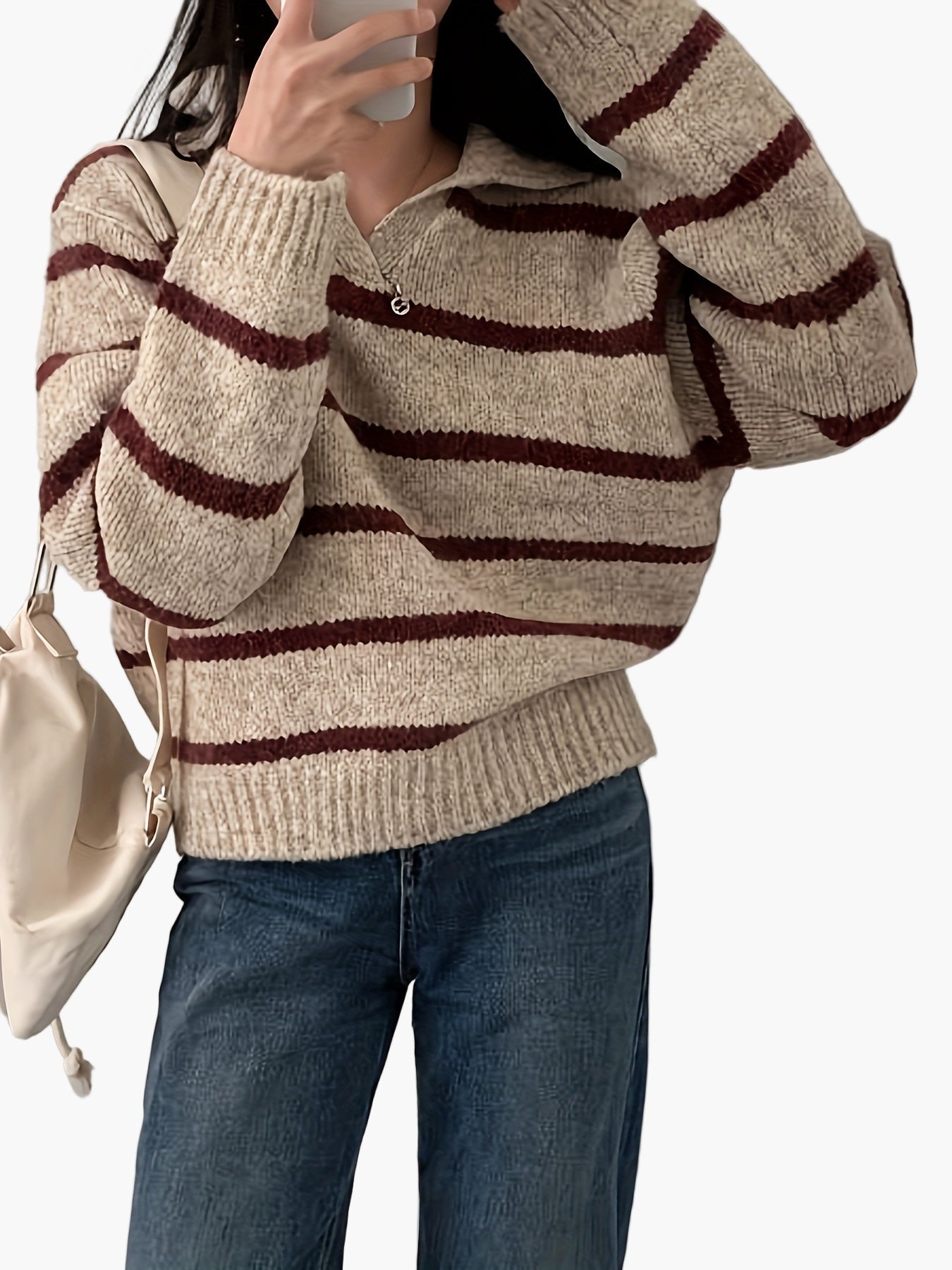Women's knitted sweater with stripe pattern and polo collar – Elegant autumn/winter casual look