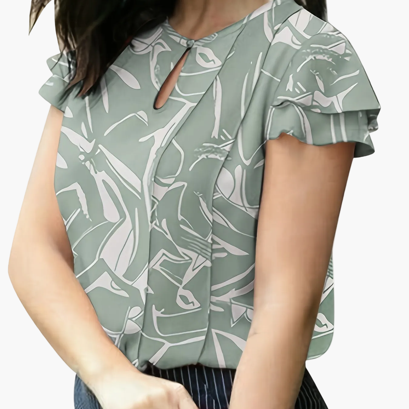 Women's Elegant Blouse with Ruffled Sleeves and Keyhole Neckline – Perfect for Office & Casual Wear
